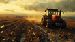 Agricultural Tractor Tilling the Field at Sunset, A tractor prepares the land for planting at golden hour, symbolizing the beginning of the agricultural cycle.