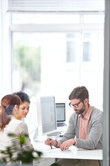 Wall Mural - Business people, meeting and collaboration with staff at desk for planning and data entry specialist. Boss, discussion and management of teamwork with professional conversation for company project