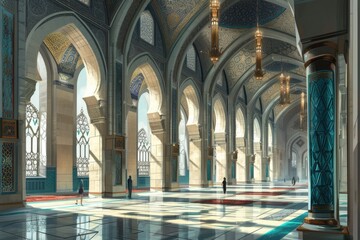 Beautiful Islamic style mosque interior. The mosque is decorated with Islamic patterns.