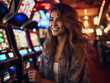 Happy young woman smiling near slot machines in a casino. 