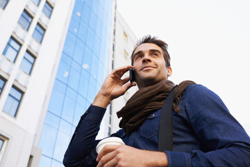 Sticker - City, buildings and man with phone call for communication, conversation or networking in Los Angeles. Male person, technology and smile with smartphone, contact and happy in morning from low angle