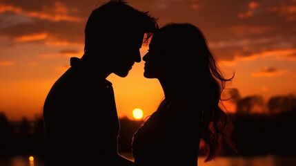 Wall Mural - Silhouette of a couple kissing at sunset