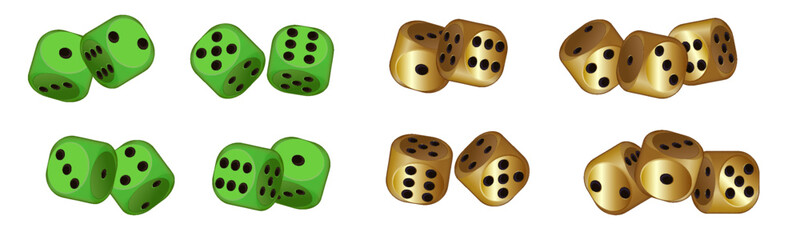 Wall Mural - Dice. Set of 3d golden or yellow craps with black dots. Play casino and win jackpot. Vector illustration