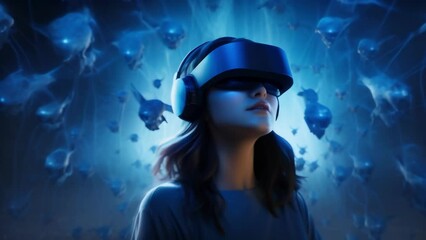 Wall Mural - a person with their forehead glowing blue as vr implants project a 3d world around them. cyberpunk a