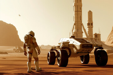 Wall Mural - futuristic human base on mars. mars rover and spaceman with cutting-edge design, mars bases and a ro
