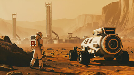 Wall Mural - futuristic human base on mars. mars rover and spaceman with cutting-edge design, mars bases and a ro