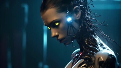 Wall Mural - a female cyborg with a neural chip implant fused into her skin to represent seamless integration bet