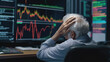 A stressed old man sees the stock market plummeting on the monitor screen