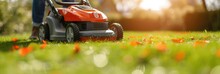 A electric Cordless Mower Is Used By A Gardener. Generative Ai.