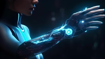 Wall Mural - a person’s hand wearing a neural interface device with a winding cybernetic neural pathway connectin