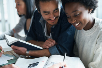 Wall Mural - Students, studying and book with people learning for education and university, research and information. Scholarship, problem solving and analysis of academic course work with diversity on campus