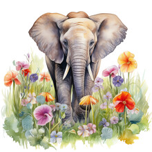 Elephant Collage With Beautiful Colored Flowers, Pastel Watercolor Illustration, PNG File