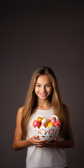 Wall Mural - Beautiful Smiling Woman with a Fruit Basket