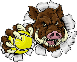 Wall Mural - A wild boar, hog razorback warthog pig mean tough cartoon sports mascot holding a tennis ball
