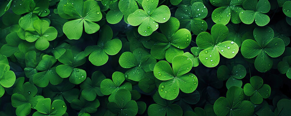 Canvas Print - A verdant field of shamrocks with dewdrops