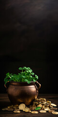 Canvas Print - Lucky Pot of Gold Coins and Green Plant