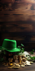 Poster - Lucky Day - Green Hat and Coins on a Wooden Table