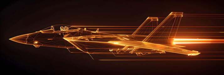 Wall Mural - Intricate neon wireframe depiction of a fighter jet with vivid orange light trails isolated on black background. Created with generative AI.