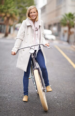 Sticker - Woman, portrait and city with vintage bicycle for eco friendly transport with smile, pride and outdoor. Girl, person and retro bike on street, road and travel with sustainability in Cape Town metro