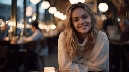 Wall Mural - Portrait of girl in cafe. Pretty young woman sitting at table in coffee shop. Concept of youth, leisure and recreation. AI generated