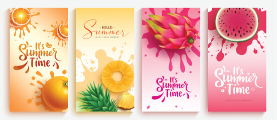 Sticker - Summer time greeting vector poster set. It's summer time greeting text with tropical fruits decoration elements for seasonal lay out collection design. Vector illustration summer greeting postcard. 
