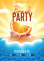 Wall Mural - Summer beach party text vector poster design. Beach party invitation card with orange slice elements for hot performance event celebration template. Vector illustration summer invitation flyers.
