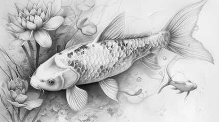 Wall Mural - Japanese Koi fish art in black and white chalk style. Decorative Asian fish in a pond or river. 