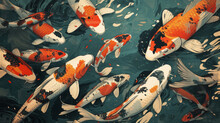 Japanese Koi Fish Art. Colorful Secorative Asian Fish In A Pond Or River. 