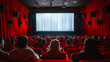 © WARIT_S - Cinema blank wide screen and people in red chairs in the cinema hall. Blurred People silhouettes watching movie performance.