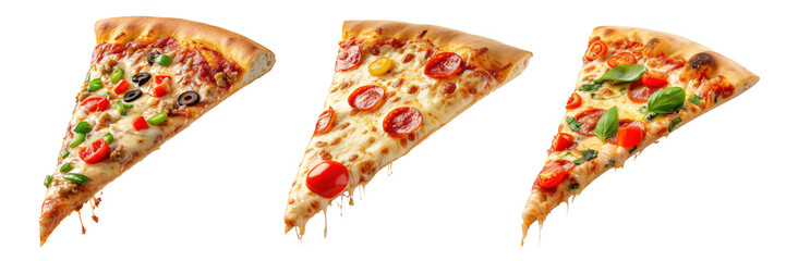 Wall Mural - Set of different pizza slices isolated on a white or transparent background. Falling pizza slices, crumbs and ingredients scatter to the sides, and cheese drips down. Design element, food photography.