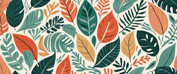 Wall Mural - Abstract leaf cutout shapes seamless pattern set. Trendy colorful leaves collage shape background design collection. Contemporary art decoration wallpaper, organic nature symbol texture print.