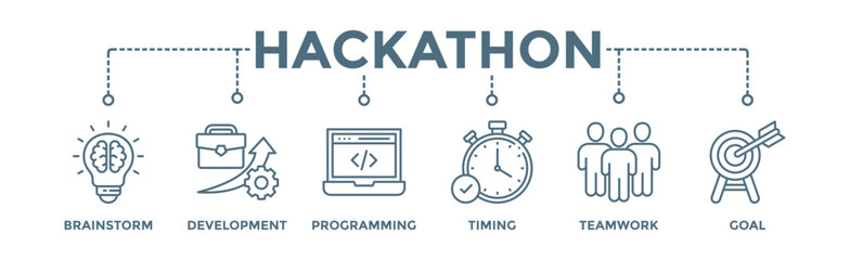 Hackathon banner web icon vector illustration concept for design sprint-like social coding event with icon of brainstorm, development, programming, timing, speed, teamwork, and goal