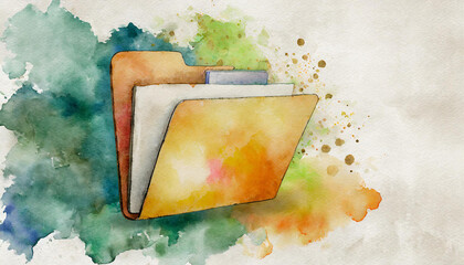 Folder PC icon, watercolor art, canvas background, copy space on a side