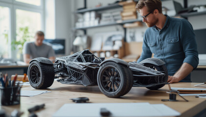 Engineers designing models of futuristic car in the office room