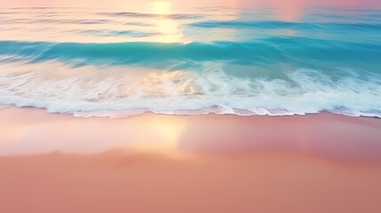  Sandy beach with light blue transparent water waves and sunlight, tranquil aerial beach scene