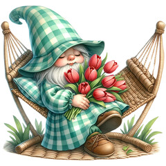 Wall Mural - cute gnome with tulip,spring gnome