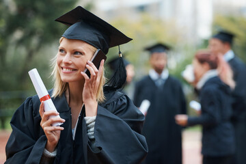 Poster - Phone call, student or happy woman in graduation on campus in university, school or college. Outdoor, education scholarship or excited graduate with mobile for talking, chatting or speaking of degree