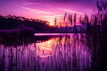Purple Sunset Over Lake With Reed Silhouettes