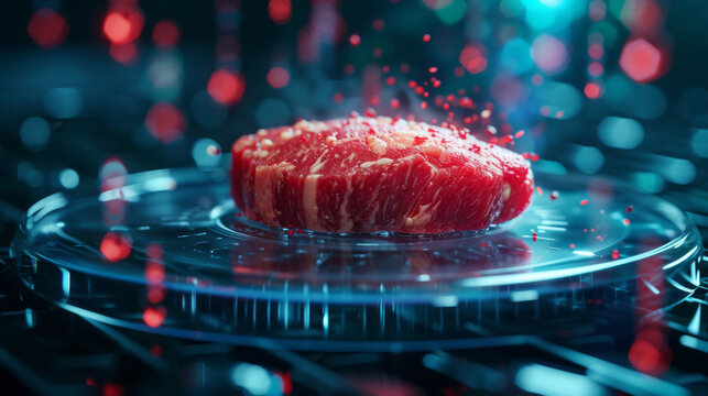 A fresh lab-grown meat presented on a high-tech digital interface with dynamic red data particles.