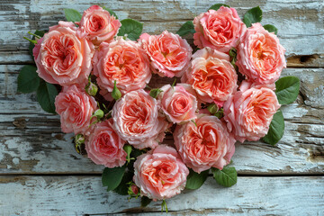 Aufkleber - Love Concept. A Bunch of Pink Roses in a Heart Shape on a Wooden Plank Background. Generative AI
