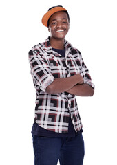 Happy, portrait and black man with cap in fashion, style or cool attitude on a white studio background. Face of young African, male person or model posing with smile and stylish shirt in confidence