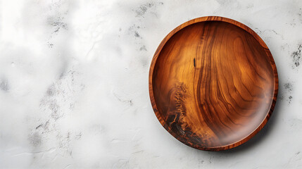 Wood Plate on White Table in Empty space, White background, kitchen table, top view, mock up