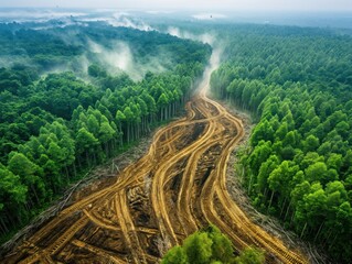 Aerial perspective of deforestation and clear-cutting in a forest