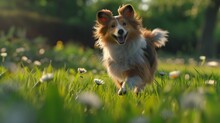 A Cheerful Shetland Sheepdog Playing Against A Backdrop Of Lush Meadow Green, Its Playful Antics And Fluffy Coat Capturing The Essence Of Youthful Exuberance.