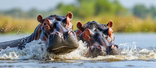 Canvas Print - Two hippos enjoying the natural landscape of a river, surrounded by water, grass, and a serene environment.