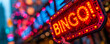 Euphoric moment captured as hands hold up a BINGO! sign, embodying the thrill of winning, set against a vibrant, multicolored bokeh backdrop
