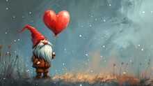 A Painting Of A Gnome With A Red Hat And A Heart On It.
