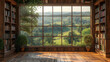 © Andrea - scenic bookshelf background interior home office library study with window views of trees and rolling hills teams backdrop. Rustic wood in cozy room. Virtual online presentation meeting room.