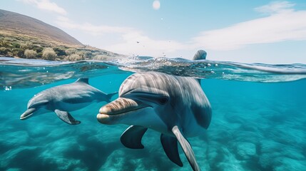 Wall Mural - Fantastic detail in the deep clear blue water. Three dolphins enjoing together. Clear blue ocean water and sunlight beneath the surface of water in the background.