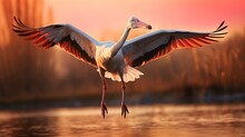 Flying European Greater Flamingo Against Colorful Sky. Flying Flamingo In Natural Habitat. Wildlife Scene Of Nature In Europe